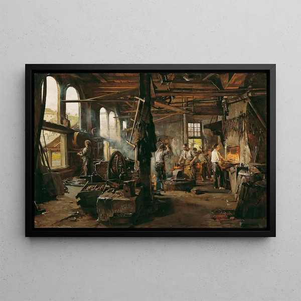 Interior of a forge - Hugo Charlemont — framed artwork on a wall
