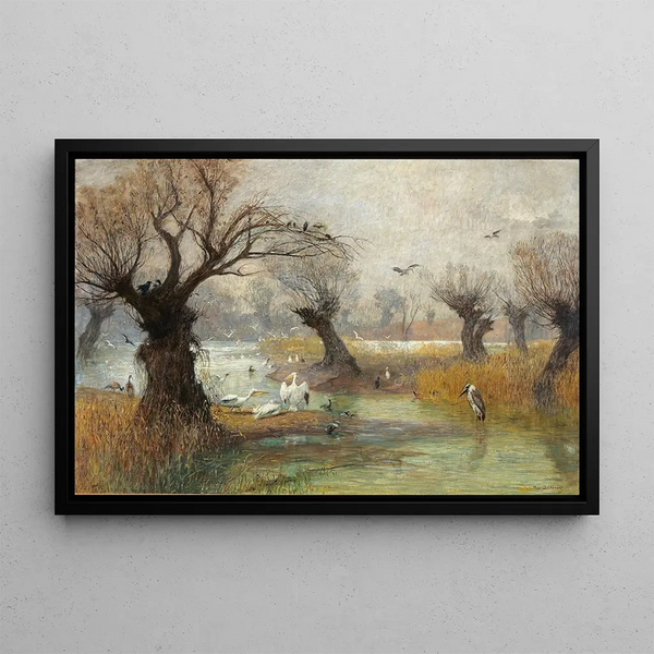 Pelicans by the riverbank - Hugo Charlemont — framed artwork on a wall
