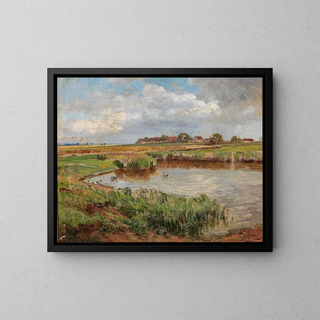 Canards au bord de l'étang du village - Hugo Darnaut — framed artwork on a wall