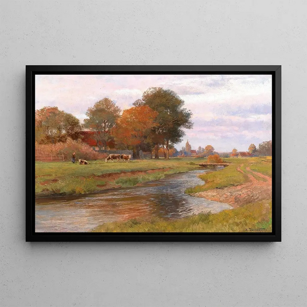 River landscape painting with a small herd of cows and a village in the background - Hugo Darnaut — framed artwork on a wall