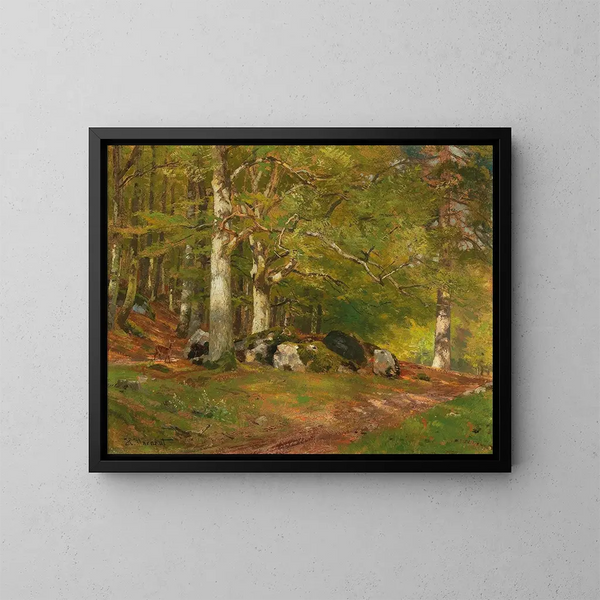 Forest scene with stags - Hugo Darnaut — framed artwork on a wall