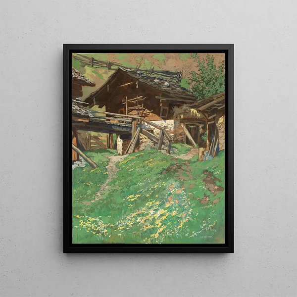 Alpine chalet painting - Hugo Hodiener — framed artwork on a wall