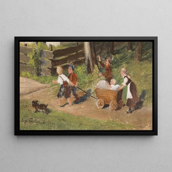 Children with Cart - Hugo Kauffmann — framed artwork on a wall