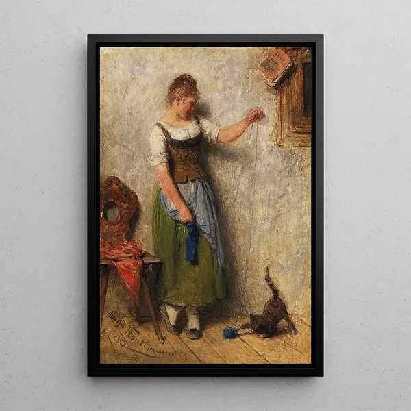 Young girl with cat - Hugo Kauffmann — framed artwork on a wall