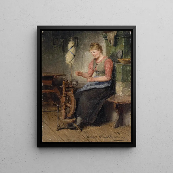 Girl at the Spinning Wheel - Hugo Kauffmann — framed artwork on a wall