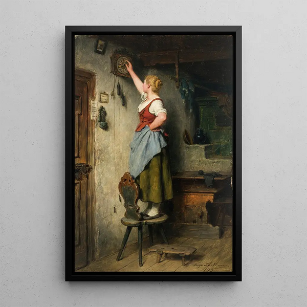 Young Girl with the Clock - Hugo Kauffmann — framed artwork on a wall