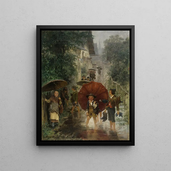 After School, Children in the Rain - Hugo Kauffmann — framed artwork on a wall