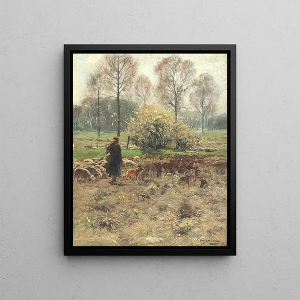 Berger avec son troupeau au début du printemps - Hugo Mühlig — framed artwork on a wall