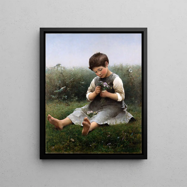 Girl picking flowers - Hugo Salmson — framed artwork on a wall