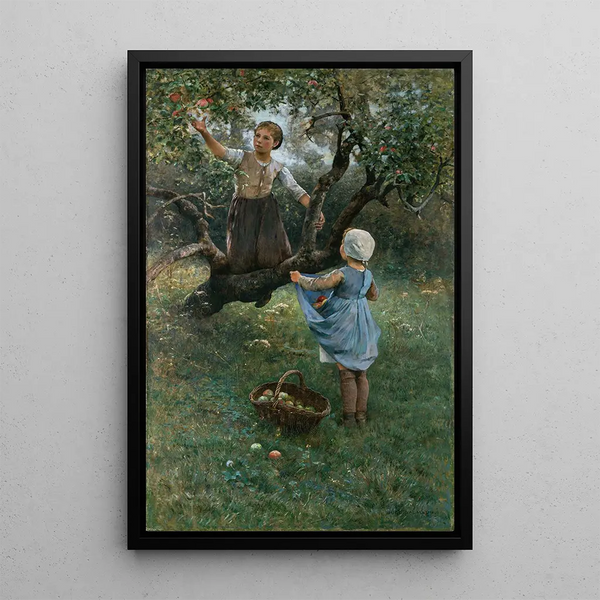 Girls picking fruits - Hugo Salmson — framed artwork on a wall
