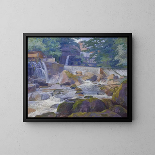 Barrage fluvial avec moulin Klam près de Grein - Hugo Schubert — framed artwork on a wall