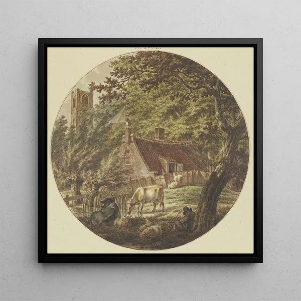 Hut in the forest with some animals on the left a bell tower - Jacob Cats — wall display of the artwork