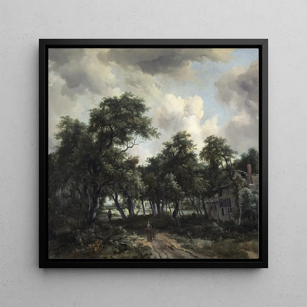 Hut among the trees - Meindert Hobbema — framed artwork on a wall