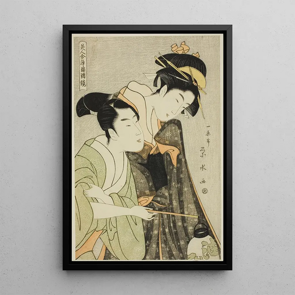 Osome and Hisamatsu from the series Beauties in the roles of Joruri Bijin awase joruri kagami - Ichirakutei Eisui — framed artwork on a wall