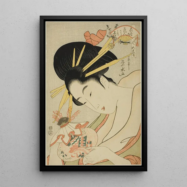 La courtisane Hanahito de l'Ogiya et ses suivantes Sakura et Momiji de la série Beautés des cinq festivals Bijin gosekku - Ichirakutei Eisui — framed artwork on a wall