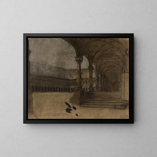 a Cloister in a Palace Courtyard - Ignace François Bonhomme — framed artwork on a wall