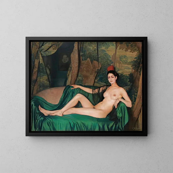 Madame Souty lying on a sofa - Ignacio Zuloaga — framed artwork on a wall