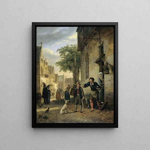Jan Steen sending his son into the street to exchange paintings for beer and wine - Ignatius Josephus Van Regemorter — framed artwork on a wall