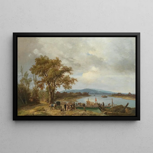 a Danube landscape with ferries - Ignaz Raffalt — framed artwork on a wall
