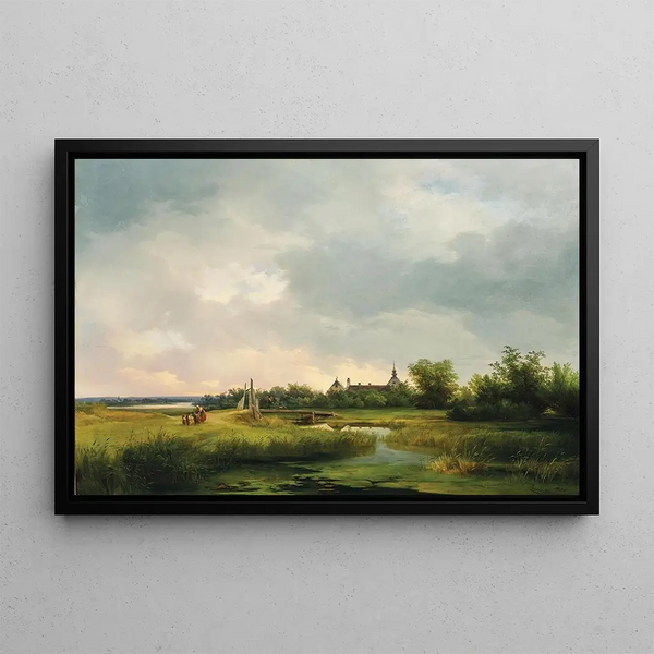 a vast river landscape with a family returning home - Ignaz Raffalt — framed artwork on a wall