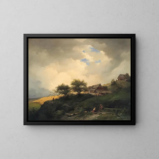 a landscape with peasant huts near a cornfield - Ignaz Raffalt — framed artwork on a wall