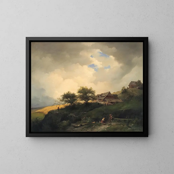 a landscape with peasant huts near a cornfield - Ignaz Raffalt — framed artwork on a wall