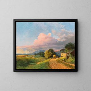 A stagecoach at twilight - Ignaz Raffalt — framed artwork on a wall