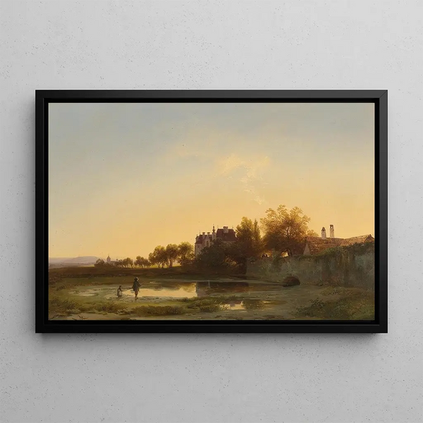 Fisherman in the evening light near the castle pond - Ignaz Raffalt — framed artwork on a wall