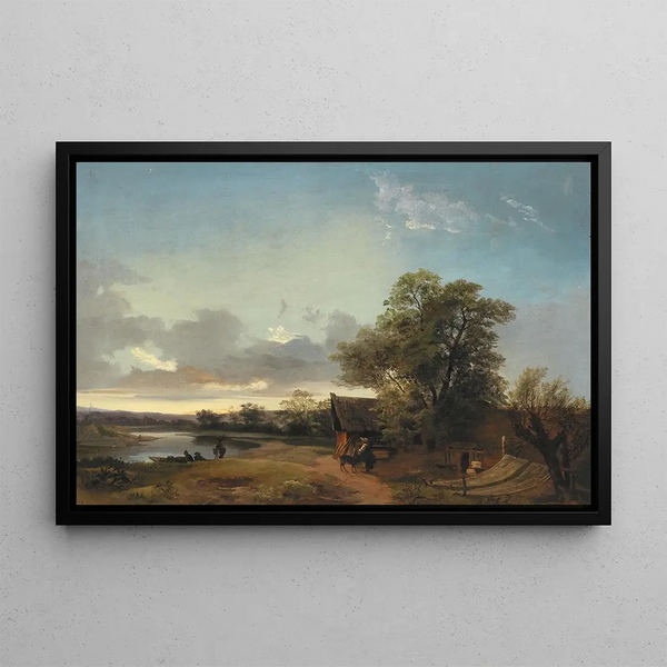Landscape with a river scene in the evening light with decorative figures - Ignaz Raffalt — framed artwork on a wall