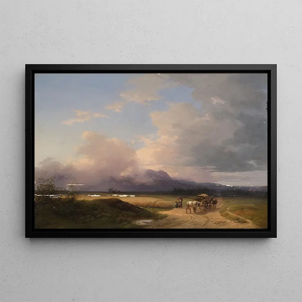 Landscape painting of the Prealpine region with a cart on the road - Ignaz Raffalt — framed artwork on a wall