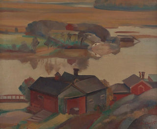 River landscape with buildings - Ilmari Aalto — artwork view
