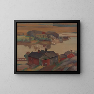 River landscape with buildings - Ilmari Aalto — framed artwork on a wall