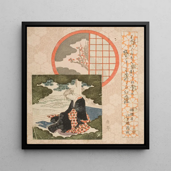 Images of a girl meditating and a plum tree through the window - Yashima Gakutei — framed artwork on a wall