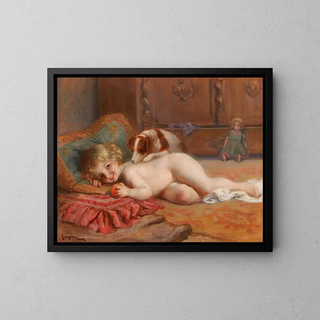Child with a dog and a doll - Imre Gergely — framed artwork on a wall