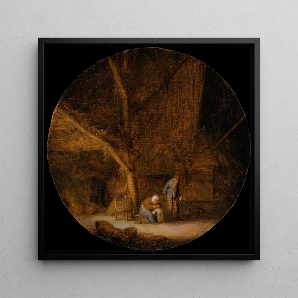 Interior painting with a family of peasants - Adriaen van Ostade — framed artwork on a wall