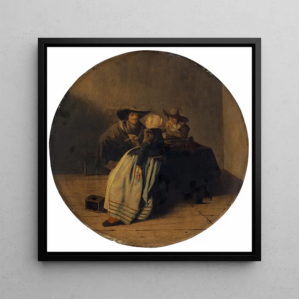 Interior painting with a smoking party around a table - Pieter Codde — framed artwork on a wall
