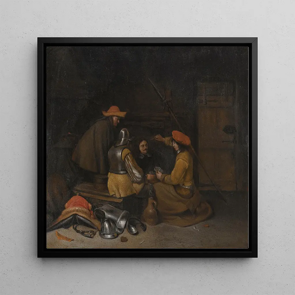 Interior of a guardroom with four figures drinking and playing cards - Gerard ter Borch — framed artwork on a wall
