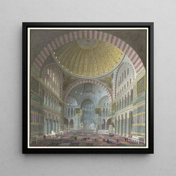 Interior of Hagia Sophia with kneeling and standing Turks - Prosper Marilhat — framed artwork on a wall