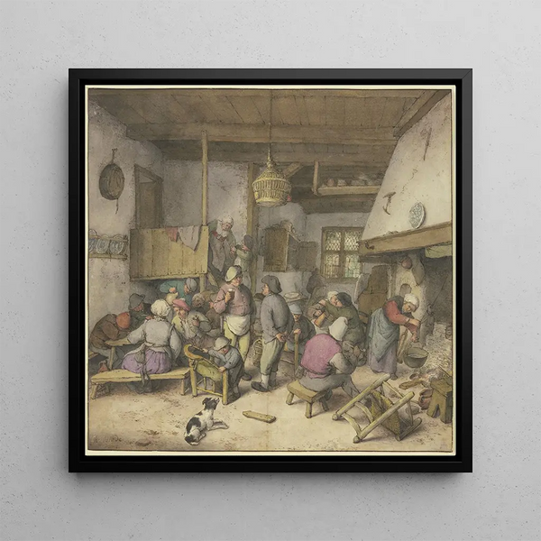 Interior tavern painting with peasants smoking, drinking, and caressing - Adriaen van Ostade — framed artwork on a wall