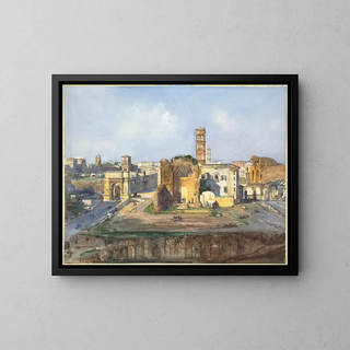 L'arc de Titus and the temple of Venus and Rome near the Roman Forum - Ippolito Caffi — framed artwork on a wall