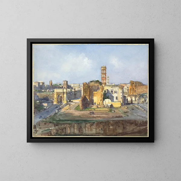 L'arc de Titus and the temple of Venus and Rome near the Roman Forum - Ippolito Caffi — framed artwork on a wall