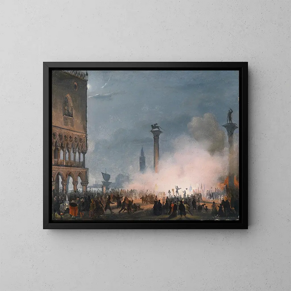 Venice, the Piazzetta at night - Ippolito Caffi — framed artwork on a wall