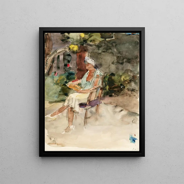 Woman reading on a chair in a garden - Isaac Israëls — framed artwork on a wall