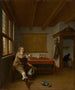 a man holding a spilled glass of wine in an interior with two servants kissing at a door beyond - Isaac Koedijck — artwork view