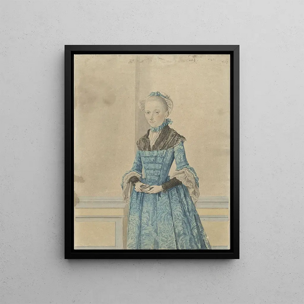 Portrait of Maria van IJsseldijk standing, knee-length portrait - Isaac Lodewijk la Fargue van Nieuwland — framed artwork on a wall
