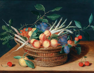 Apricots, cherries, plums, radishes and asparagus in a wicker basket - Isaac Soreau — artwork view