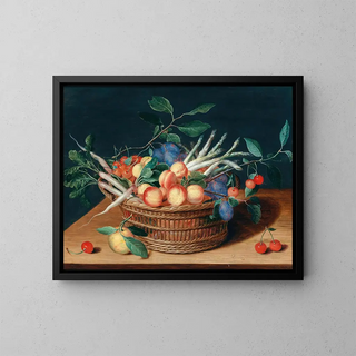 Apricots, cherries, plums, radishes and asparagus in a wicker basket - Isaac Soreau — framed artwork on a wall