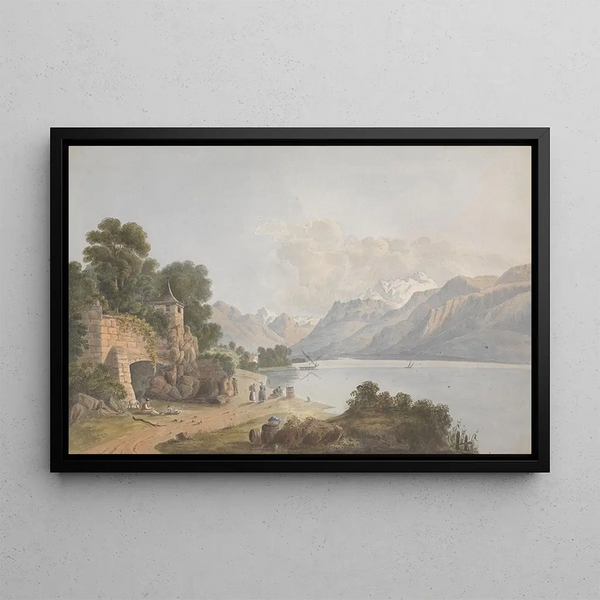 Mountain landscape painting with lake, door, and figures - Isaac Weld — framed artwork on a wall