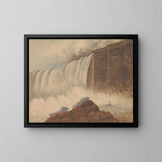 View of Niagara Falls with two figures on a rock in the foreground right - Isaac Weld — framed artwork on a wall
