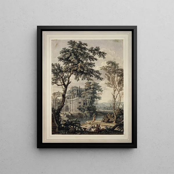 Landscape Arcadian Painting with Palace Architecture - Isaac de Moucheron — framed artwork on a wall